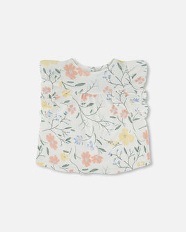 Jersey Top with Flowers and Ruffled Sleeves