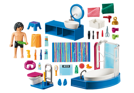 Figures: 1 man Accessories: 1 washbasin with basin and mirror, 1 bathtub, 1 toilet with toilet paper holder and toilet brush, 1 children's toilet seat, 1 stool, 2 baskets, 1 carpet, 1 lipstick, 1 mascara, 1 powder brush, 1 comb, 1 hairbrush, 2 cups, 2 tubes, 2 toothbrushes, 1 spray bottle, 1 bottle, 1 scissors, 2 cosmetic bottles, 1 hairdryer, 1 razor, 1 pair of scales, 1 bath towel, 1 bath duck, 2 towels, 1 sponge, 1 pair of bath slippers