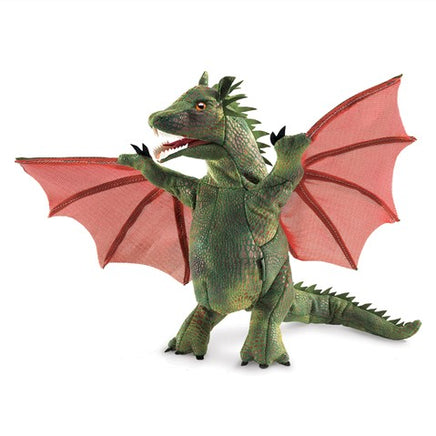 Fantasy play just got more entertaining with the Folkmanis® WINGED DRAGON puppet. Fierce and bold, this green flying reptile is a handful of fun. Create your own fairytale animating the mouth and wings of this magical beast.