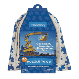 Puzzling on the move has never been easier with Mudpuppy's Goodnight, Goodnight, Construction Site Puzzle to Go. Packaged in a travel-friendly drawstring bag, this puzzle features your favorite excavator!  - 36 pieces, 12 x 9", 30.5 x 23cm  - Ages 3+  - Silkscreened muslin bag package with drawstring, 6 x 7", 16.5 x 19cm  - Postcard with puzzle art included inside  - Puzzle fits on an airplane tray  - Travel-friendly  - The fabric bag is 100% cotton. Puzzle greyboard contains 90% recycled paper. Packaging c
