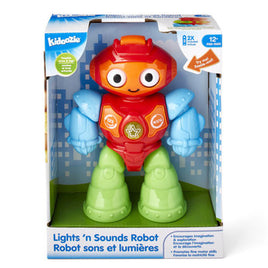 The Kidoozie Lights ‘n Sounds Robot lights up and makes sounds, poseable, robot engages imagination and fine motor skills, for ages 12 months or older INTERACTIVE ROBOT TOY: Expand your imagination with this interactive robot toy. Robot has poseable arms and legs and eyes that open and close. It speaks too! Press buttons to hear words, sounds, and music for engaging play! PLAY ANYWHERE: The perfect size for both indoor and outdoor play. The Robot can roll on wheels to create your own Robot moving adventures